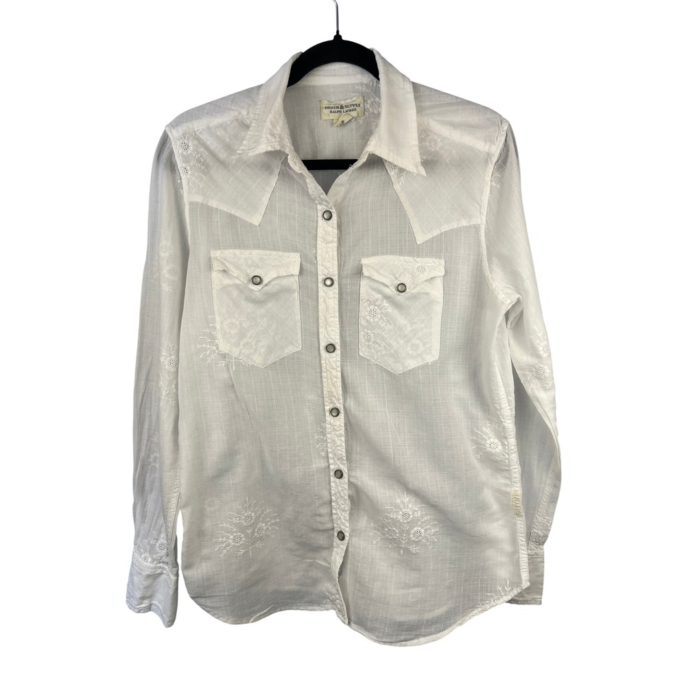 Denim & Supply White Cotton Pearl Snap Embroidered Shirt M Cowgirl Chic Western
